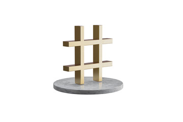 3D icon of hashtag on isolated white background. Shiny golden icon on marble cylinder. 3D render of modern icon