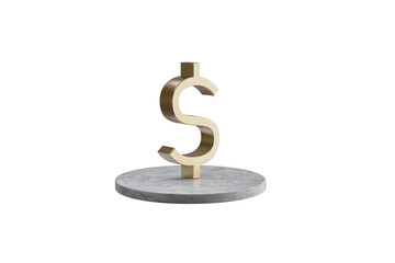 3D icon of Dollar currency on isolated white background. Shiny golden icon on marble cylinder. 3D render of modern icon