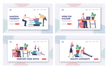 Obraz na płótnie Canvas Office Workers Exercising at Workplace Landing Page Template Set. Characters Doing Workout at Work Place Squatting