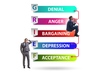 Concept of five stages of grief with businessman