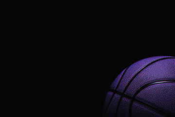 Closeup detail of blue basketball ball texture background. Blue neon and hologram banner Art. Team sport concept