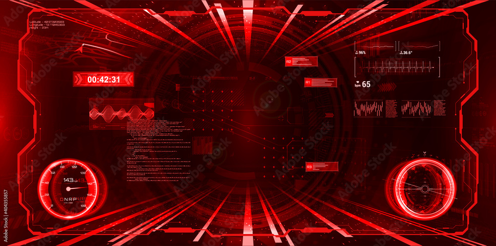 Poster RED VR cockpit with HUD interface and virtual cyberspace. Virtual reality interface for game, vr helmet, cockpit and other. Sky-fi head up display - HUD for GUI, UI. Vector illustration