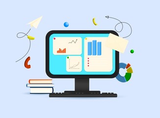 Monitor with graphs and diagrams. Business analytics concept. Vector illustration in 3D style.