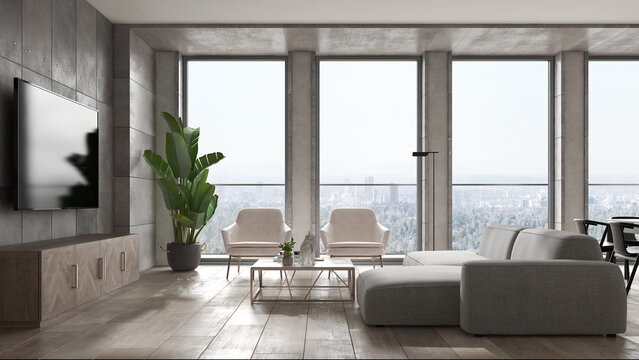 Minimalist Interior of modern living room 3D rendering