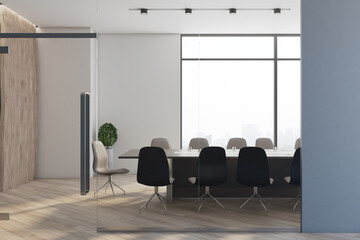 Contemporary meeting room interior with panoramic city view