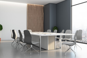 Clean conference room with large meeting table