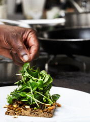 Close up hand of the chef while preparing an appetizer of hazelnuts and rocket