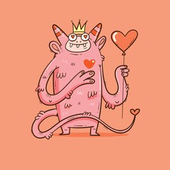 Valentine's day card with cute cartoon monster and balloon. Greeting print with doodle funny animal. Line art poster for children