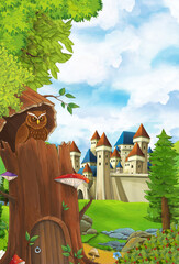 cartoon scene with owl sitting in the tree by day near the castle - illustration