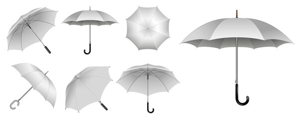set of realistic umbrella in various type or mock up black and white umbrella closeup or outdoor parasol protection weather waterproof material concept. eps 10 vector, easy to modify © coolvectormaker
