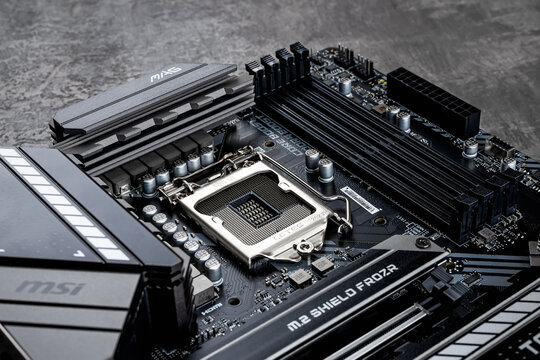 Varna, Bulgaria, January 08, 2021. Processor socket and ram memory slots on a MSI MAG Z490 TOMAHAWK gaming motherboard. Modern desktop PC hardware components for build and upgrade.