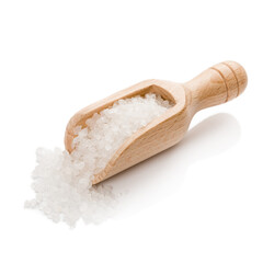 salt in a wooden spoon on white isolated