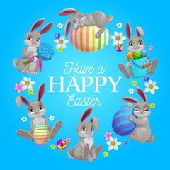 Happy Easter vector wreath with bunnies, flowers and decorated eggs. Cartoon greeting card, round frame of rabbits, pansy and narcissus blossoms. Easter holiday postcard with cute festive characters