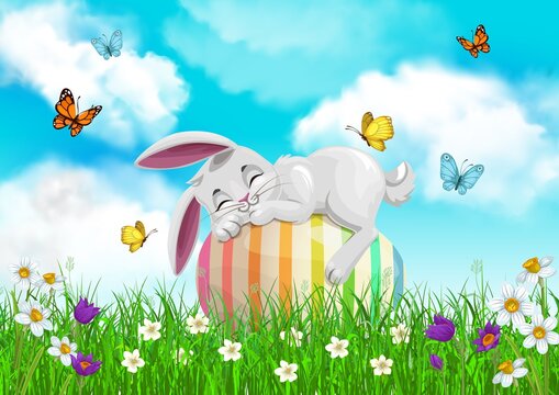 Easter bunny sleeping on egg, vector egg hunt, religion holiday. White rabbit character resting on green grass of spring field with flowers, grass blades and flying butterflies, daffodils, crocuses