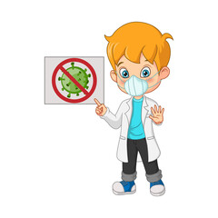 Doctor boy in mask with coronavirus sign