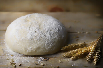 Yeast dough for bread. Flour and spikelets of wheat. Making homemade bread.