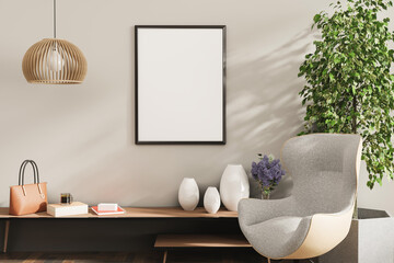 Mock up frame in home interior background, living room with natural furniture, Scandinavian style 3d illustration