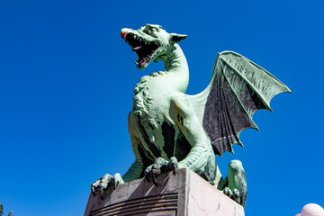 Slovenian typical dragon sculpture on Ljublana Dragon bridge, Slovenia 2020