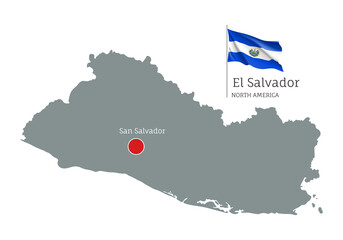 Fototapeta premium Silhouette of El Salvador country map. Gray editable map with waving national flag and San Salvador city capital, North America country territory borders vector illustration on white background