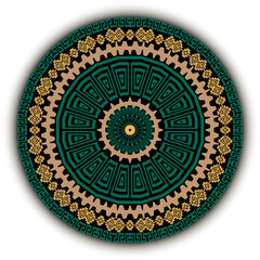Ethnic greek round mandala pattern. Ornamental colorful vector background. Tribal ornate backdrop. Geometric ancient rosette ornament. Abstract shapes, circles, frames, borders, greek key, meanders