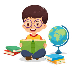 Little boy wearing glasses sitting on the floor happy reading book - obrazy, fototapety, plakaty