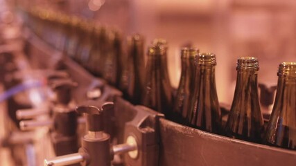 View of glass bottles on the conveyor belt, bottle necks on the production line, brewery equipment, inside wine factory, process of alcohol liquor manufacture production