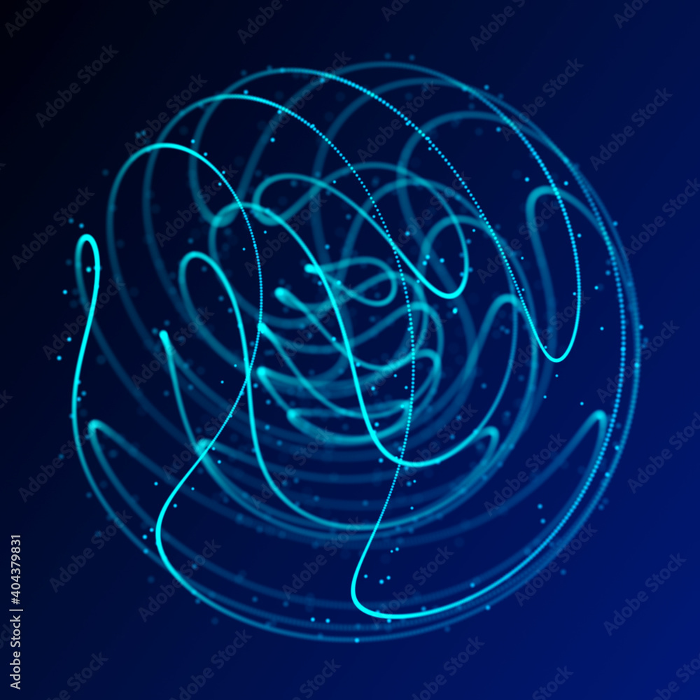 Poster Abstract 3d sphere. Sphere with twist lines. Glowing lines twisting Logo design. Outer space object. Futuristic technology style. Sphere particles. 3d rendering.