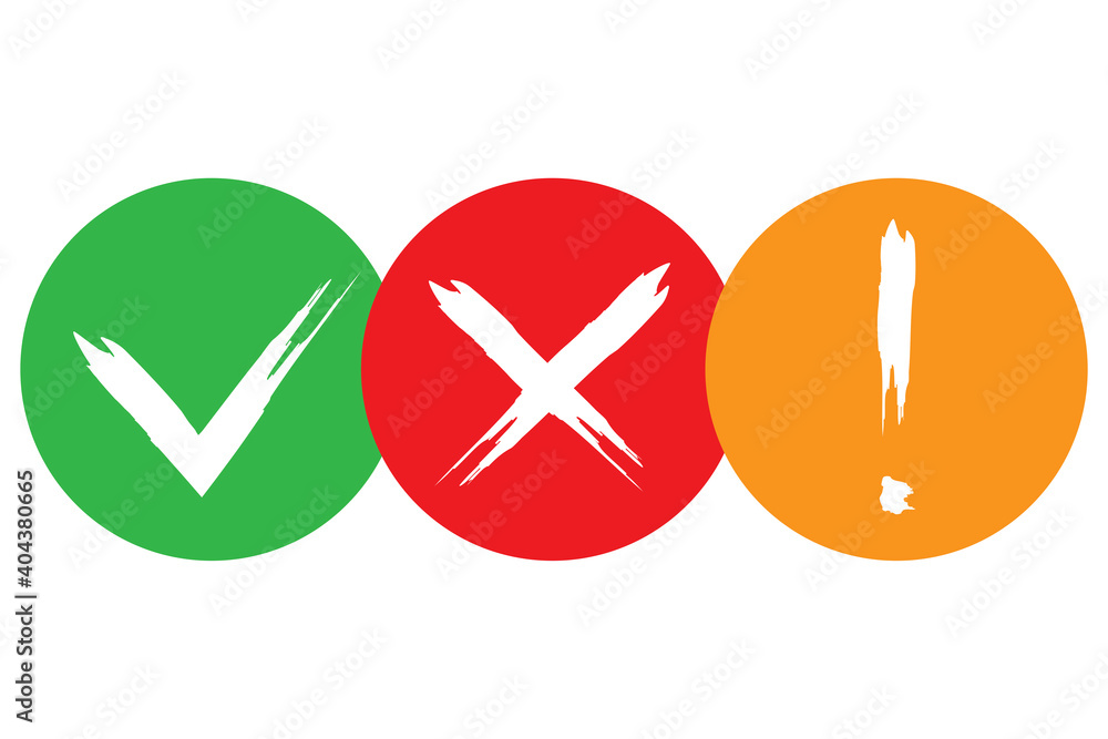 Poster checkmark, cross, and exclamation mark buttons. website icon symbol. vector web button. stock image.