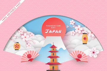 Happy national foundation day japan in paper cut art style with editable text effect Premium Vector