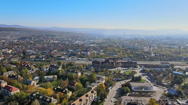 Uzhgorod railway station old city landscape with houses roofs in Zakarpattya Ukraine