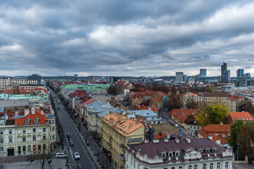 Wide angle shot from high up of Vilnius, the capital of the Republic of Lithuania