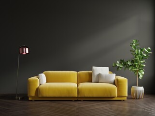 Modern living room interior with illuminating sofa and green plants,lamp,table on ultimate gray wall background.
