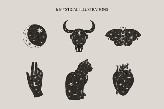 Magic and Mystical Collection in Trendy Minimal Style with Moon, Bull Skull, Butterfly, Hand, Cat symbols. Vector Illustrations for Boho Print, Tattoo, Social Media and more