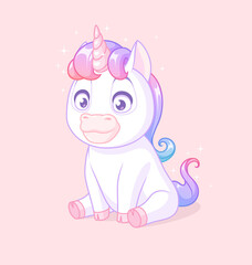 Cute baby unicorn sitting. Vector illustration on pink background.