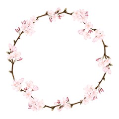 Obraz na płótnie Canvas 桜の花と枝で出来たフレーム　水彩風イラスト