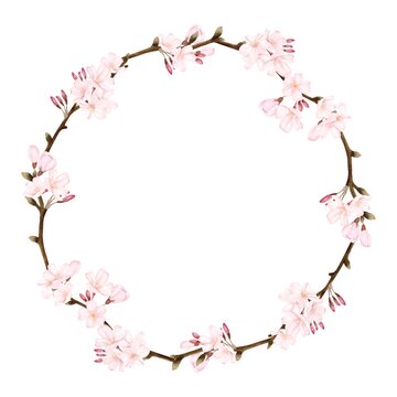 桜の花と枝で出来たフレーム　水彩風イラスト