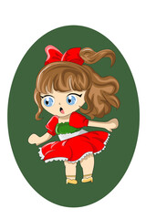 Little girl in Christmas skirt and red ribbon