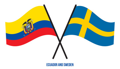 Ecuador and Sweden Flags Crossed And Waving Flat Style. Official Proportion. Correct Colors.