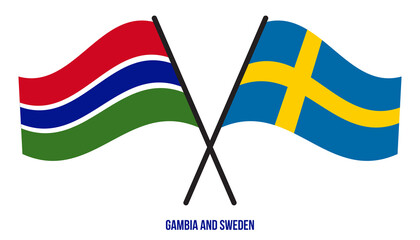 Gambia and Sweden Flags Crossed And Waving Flat Style. Official Proportion. Correct Colors.