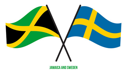 Jamaica and Sweden Flags Crossed And Waving Flat Style. Official Proportion. Correct Colors.
