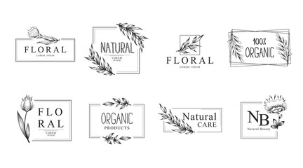 Collection of vector floral logo or emblem templates with hand drawn branches and flowers isolated on white background. Natural organic design concept with square frames, wreaths and borders