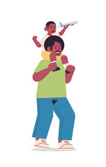 son holding toy plane and sitting on father's shoulders parenting fatherhood concept african american dad spending time with his kid full length vertical vector illustration