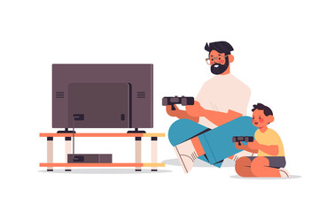 young father playing video games on game console with little son parenting fatherhood concept dad spending time with his kid full length horizontal vector illustration