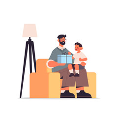 young father holding gift box for son parenting fatherhood concept dad giving holiday present to his joyful kid full length vector illustration