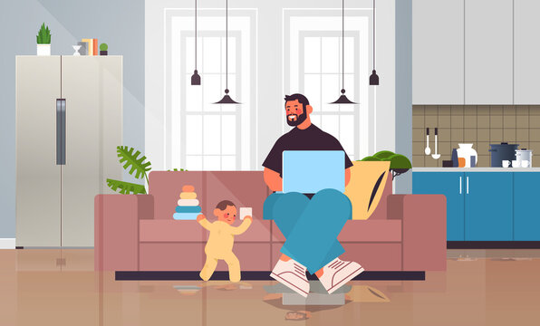 young father playing with little son and using laptop fatherhood parenting concept dad spending time with his kid at home living room interior full length horizontal vector illustration