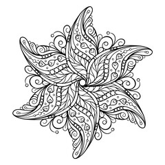 Black and white ethnic style floral mandala pattern for antistress coloring. Star shape. Abstract coloring page.