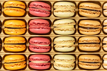 Traditional french colorful macarons in a rows in a box
