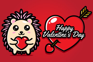 Cute hedgehog character design hugging heart on Valentine's day happy greeting card