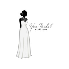 Beautiful Bridal Lace Gown, Bridal Boutique Logo, Bridesmaid Gown Logo Vector Design Template