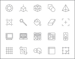 Set of design and development line style. It contains such Icons as web design, designing, digital art, outline, art and other elements. customize color, easy resize.